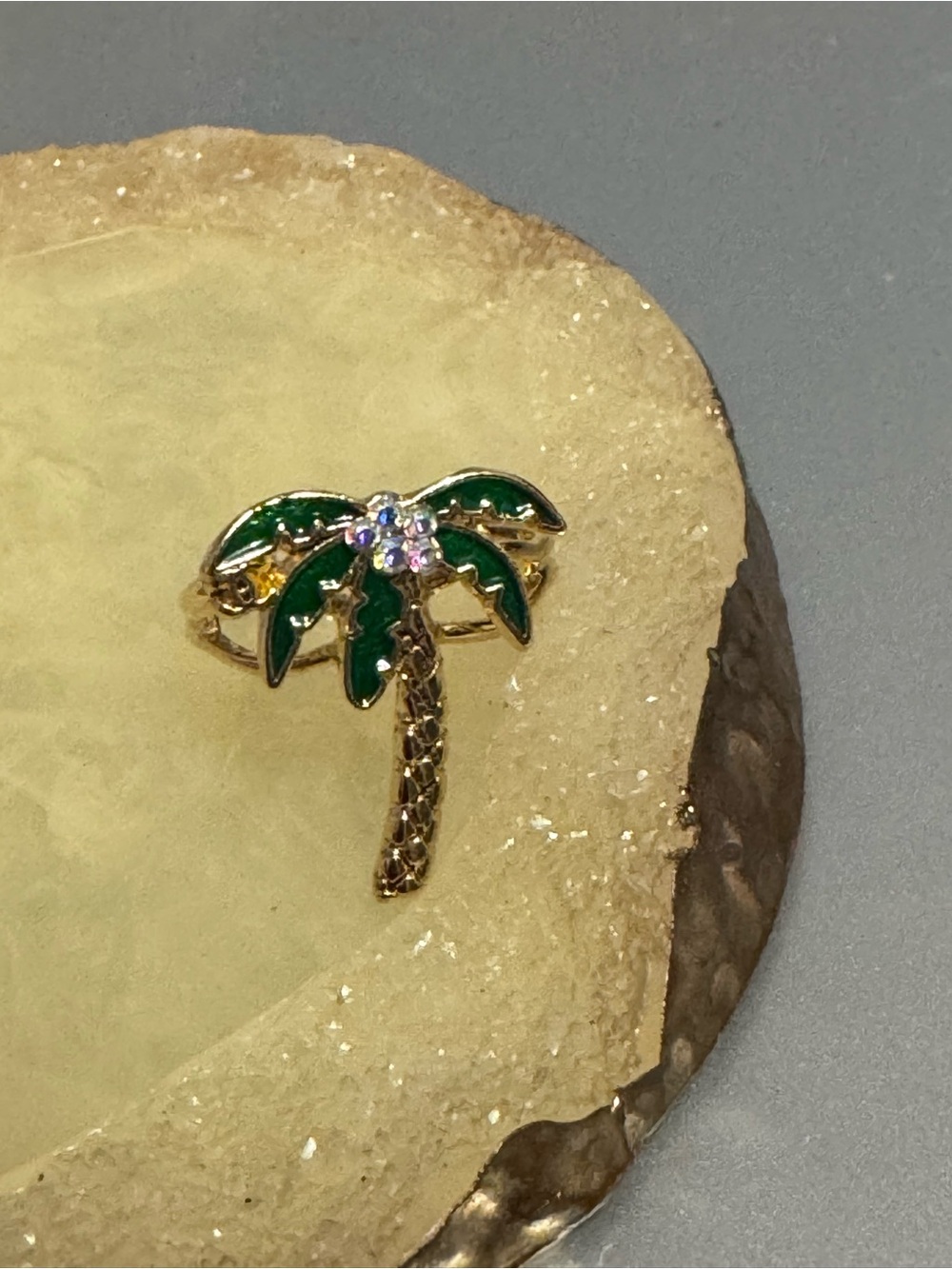 Gold Palm Tree Ring with Green Enamel and Crystal Accent